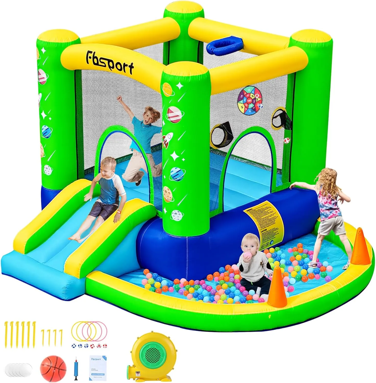 Bouncy quartz House with Blower, Ball Pit Pool, Basketball Hoop, Dart Game, Green FBSPORT Inflatable Bounce House, Kids Bounce Castle Slide for Indoor Outdoor,Toddler Baby Jumper Bouncer, Kids Jumping 