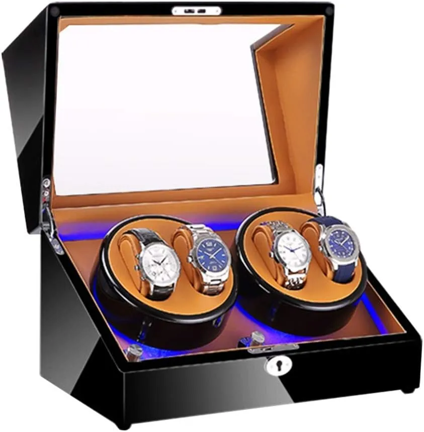 Box 4 Built-in LED Light Black Piano Paint Exterior Dual Power Supply Quiet Motor Watch Winder Watch Box Case foster advisory match flesh sticky Watch Storage Automatic Watch Winder 