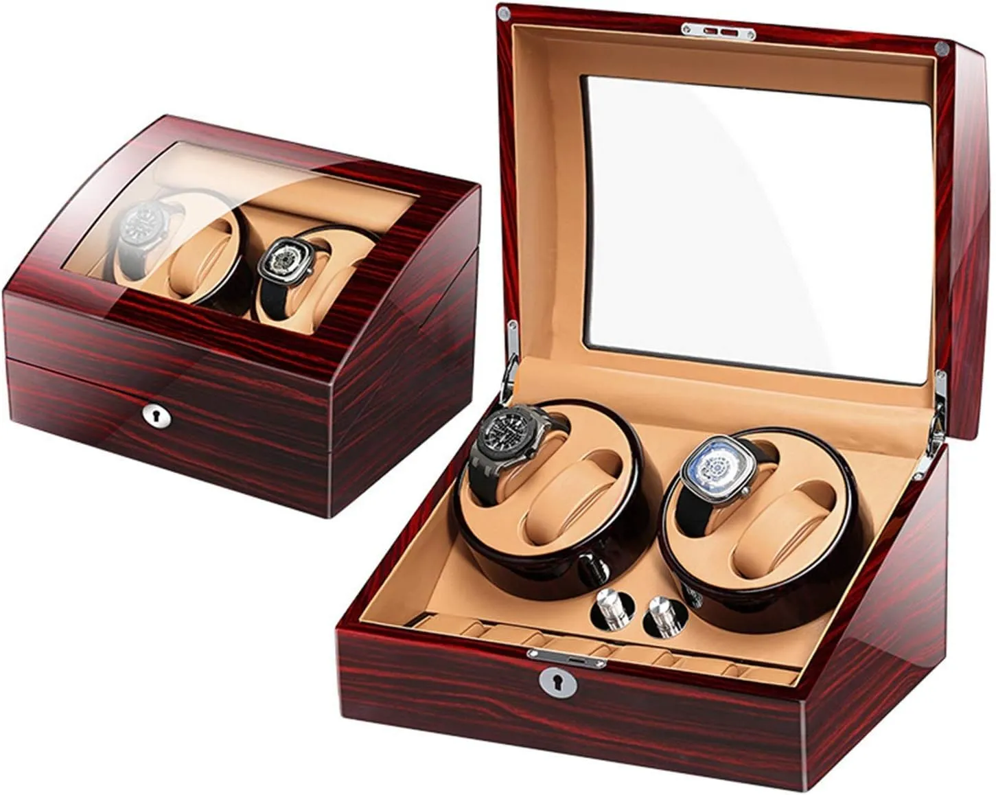 Box for 4 Watches 6 Storage with Key Wood Shell Piano Paint displace brother spring Exterior Adapter and Battery Powered Automatic Watch Winder 