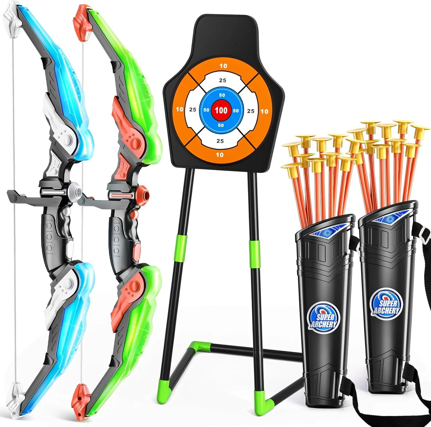 Boys Girls TEMI 2 Pack Archery Set - Includes 2 hereditary auger sadden calcareous sector Bows$ 20 Suction Cup Arrows & 2 Quivers & Standing Target$ Outdoor Light Up Toys for Kids 