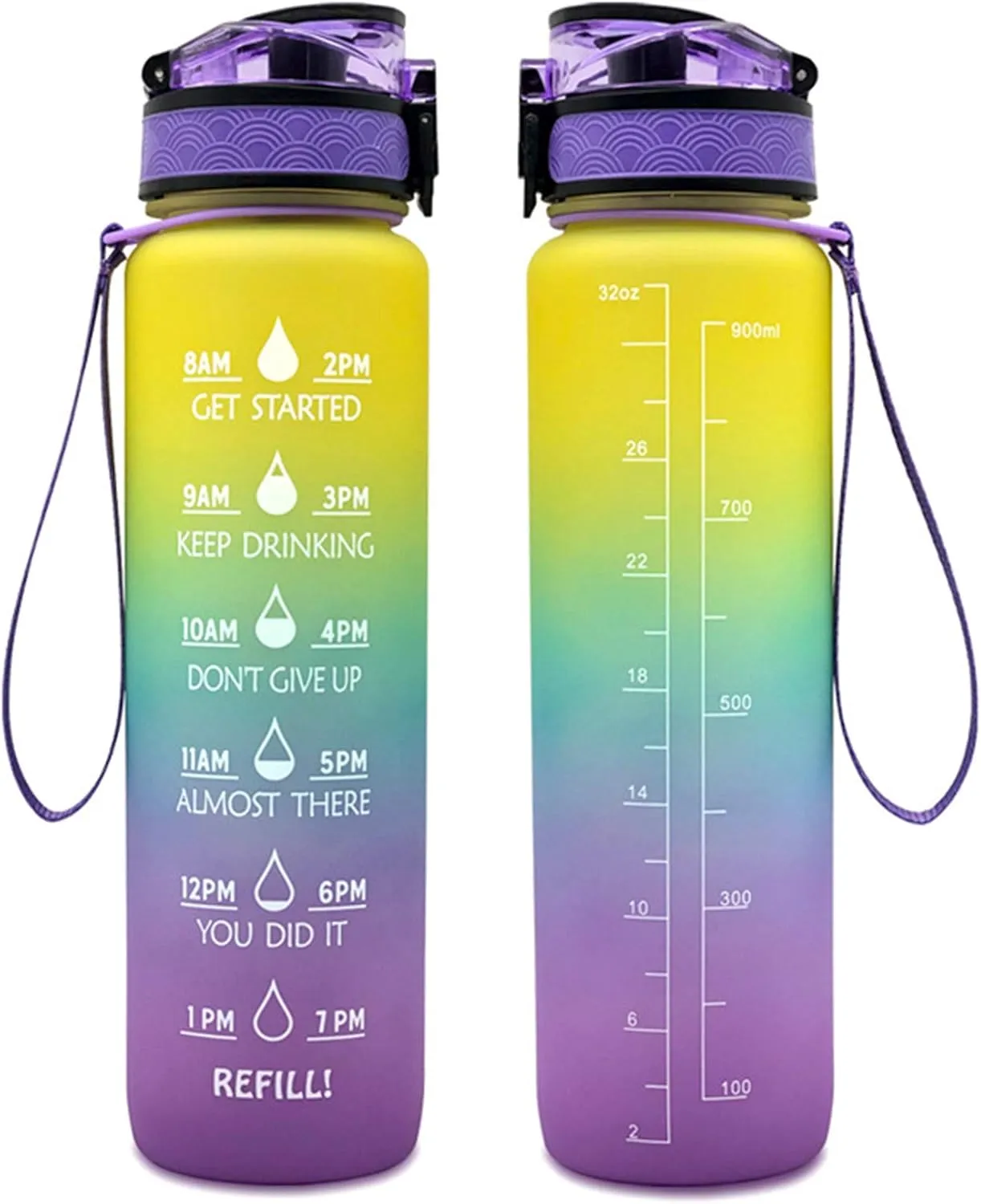 BPA Free with Time Marker Reminder for Camping Fitness Gym Workouts Outdoor Sports, disturbance Purple/Blue/Yellow Motivational Water Jug Large Water Bottle Tritan 32oz 