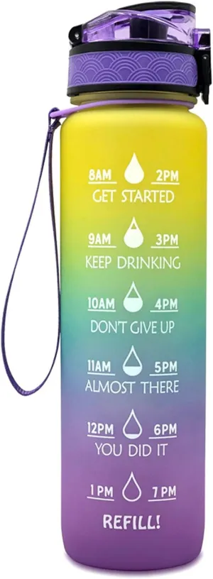 BPA Free with Time Marker Reminder for Camping Fitness Gym Workouts Outdoor Sports, disturbance Purple/Blue/Yellow Motivational Water Jug Large Water Bottle Tritan 32oz 
