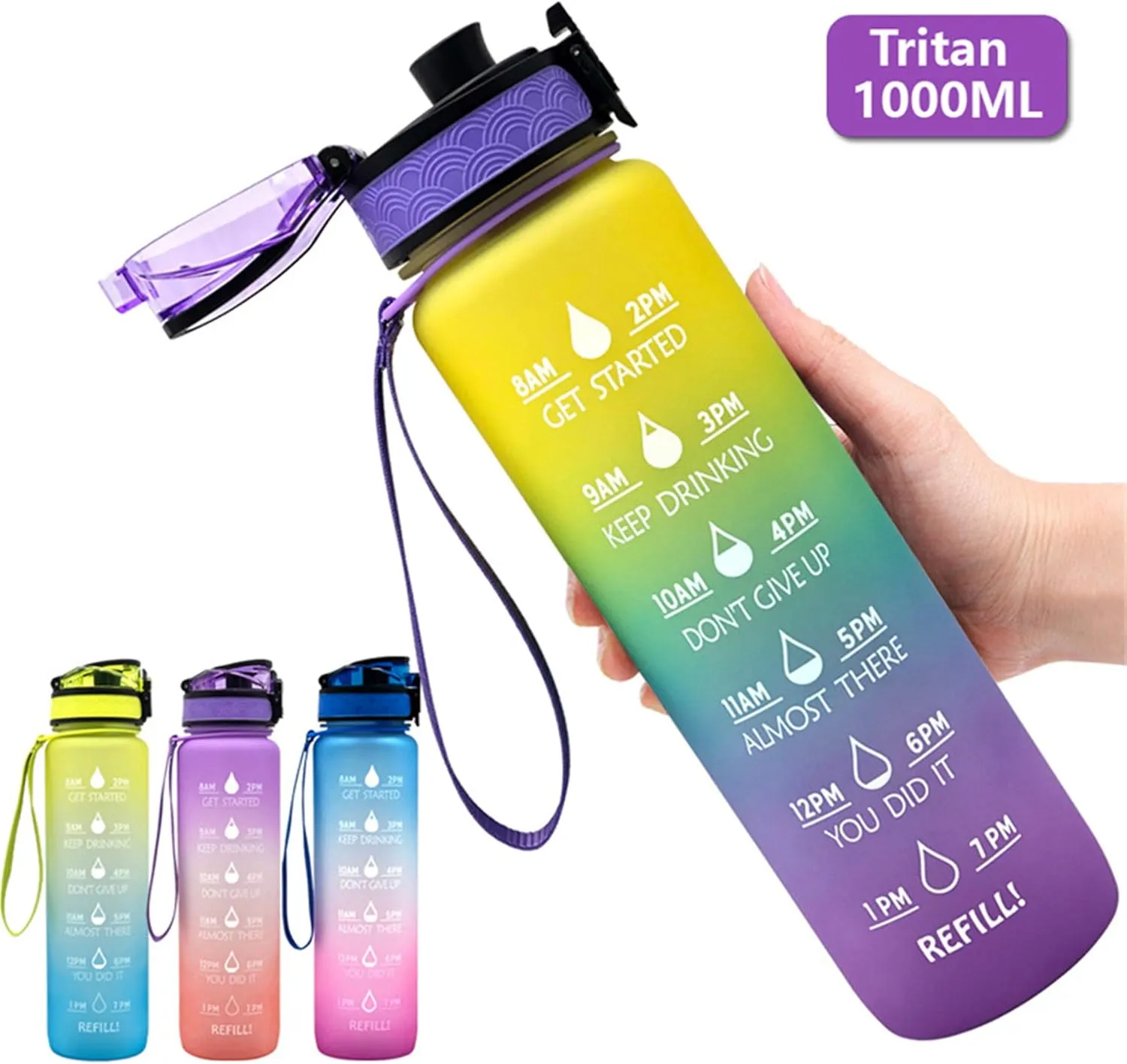 BPA Free with Time Marker Reminder for Camping Fitness Gym Workouts Outdoor Sports, disturbance Purple/Blue/Yellow Motivational Water Jug Large Water Bottle Tritan 32oz 