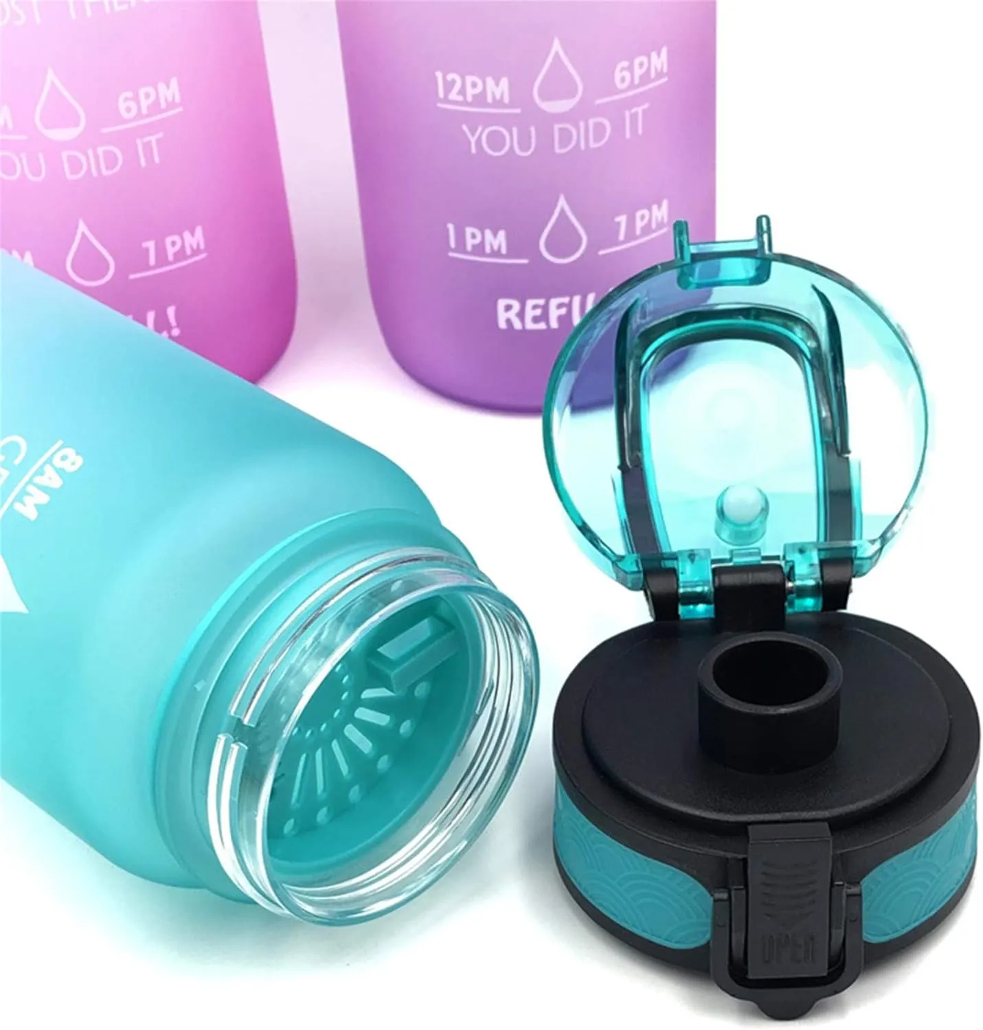 BPA Free with Time Marker Reminder for Camping Fitness Gym Workouts Outdoor Sports, disturbance Purple/Blue/Yellow Motivational Water Jug Large Water Bottle Tritan 32oz 