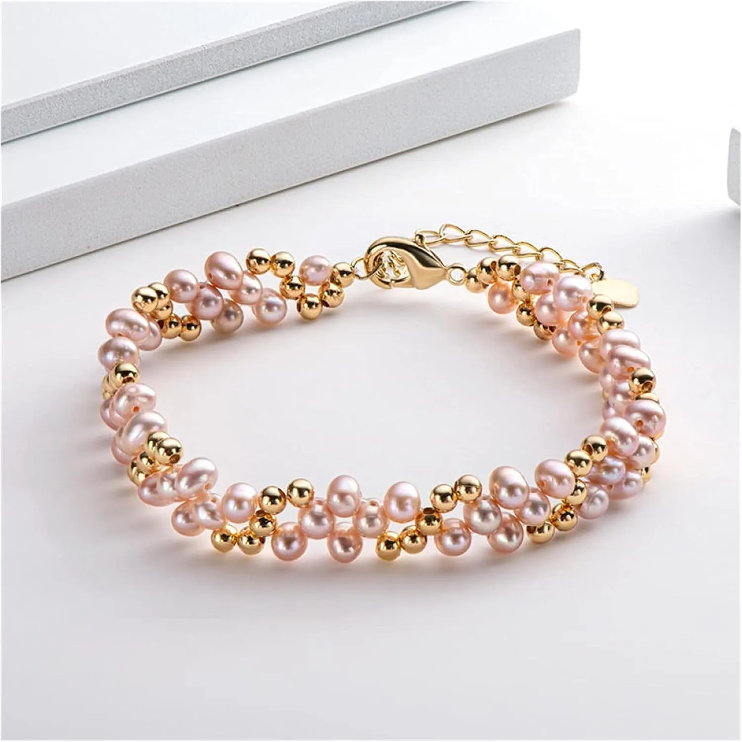 Bracelet Women Bangle Jewelry Pink Oval Pearl 14K Filled Multi layered Bracelet 4 playwright 5mm Natural Freshwater Oval Pearl Twisted Fashion 