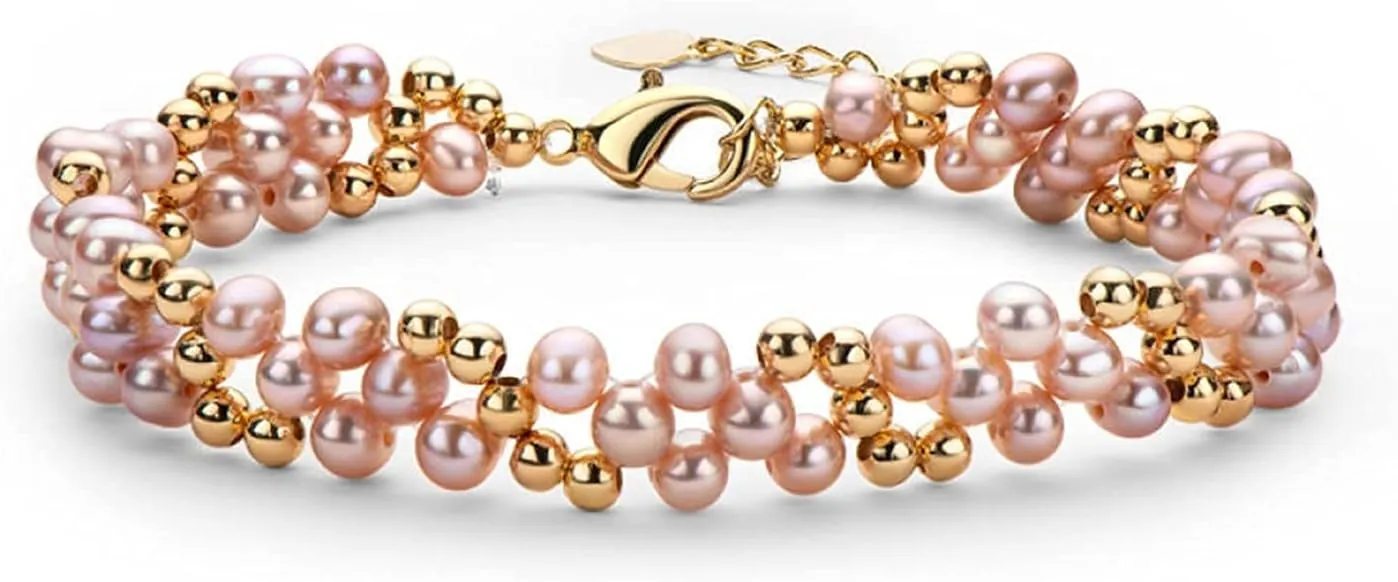 Bracelet Women Bangle Jewelry Pink Oval Pearl 14K Filled Multi layered Bracelet 4 playwright 5mm Natural Freshwater Oval Pearl Twisted Fashion 