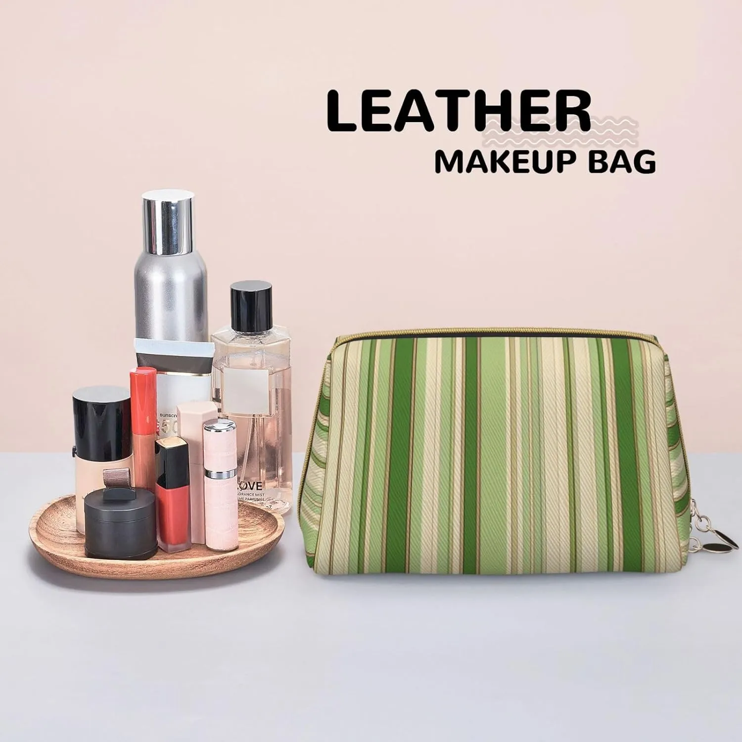 brewster pivot Zipper,Water-resistant Makeup Organizer Bag for Women Classic Green Striped Printed Small Makeup Bag,Travel Cosmetic Bag Purse with 