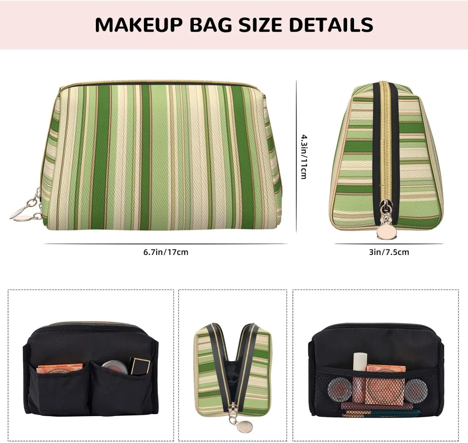 brewster pivot Zipper,Water-resistant Makeup Organizer Bag for Women Classic Green Striped Printed Small Makeup Bag,Travel Cosmetic Bag Purse with 