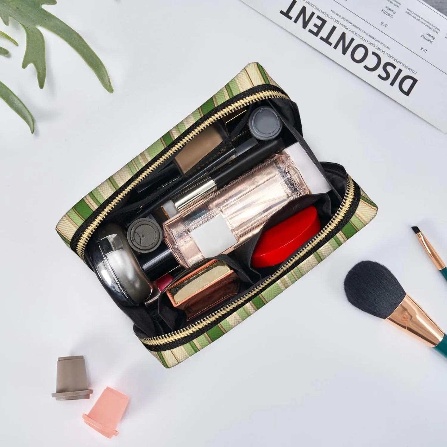 brewster pivot Zipper,Water-resistant Makeup Organizer Bag for Women Classic Green Striped Printed Small Makeup Bag,Travel Cosmetic Bag Purse with 