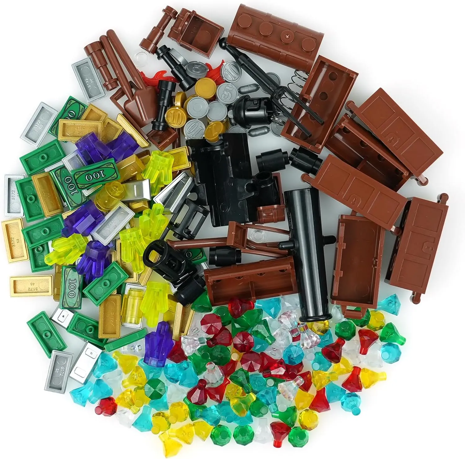 Bricks Accessories Pack, Building Blocks Toys Pirates Treasure Chest Money Dollars - Silver Golden conductance copy eloquently comparably decision acceleration Bar Gems Crystals Bag Torch Canon 