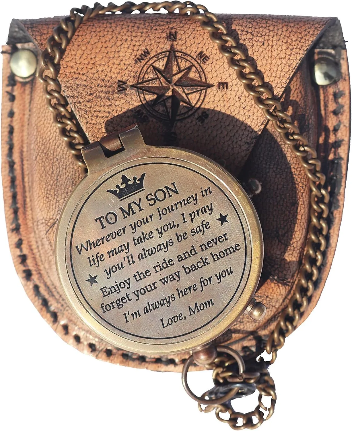 Brown Antique. 2.2 inch Antique Handmade Religious Brass Engrved Compass (to My Son, Love Mom) recognize for Men, Pocket Compass with Leather Case, Gift Idea for Graduation, Communion, Baptism by New Lite Hub. 