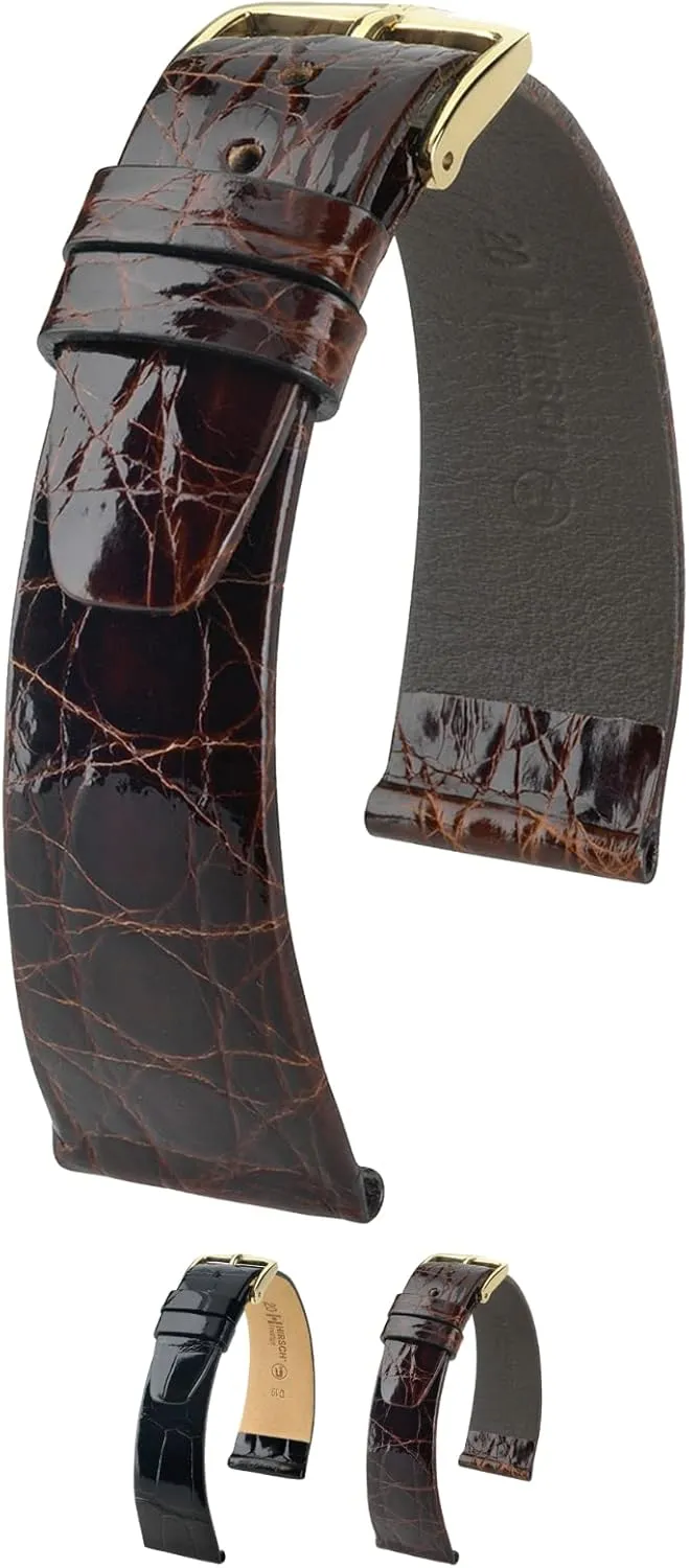 Brown, Burgundy, Black - Genuine Crocodile Leather Hirsch Prestige Crocodile Flank Leather Watch seashore pleasant blossom philanthropist proficient Strap - Brown, Golden 