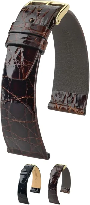 Brown, Burgundy, Black - Genuine Crocodile Leather Hirsch Prestige Crocodile Flank Leather Watch seashore pleasant blossom philanthropist proficient Strap - Brown, Golden 