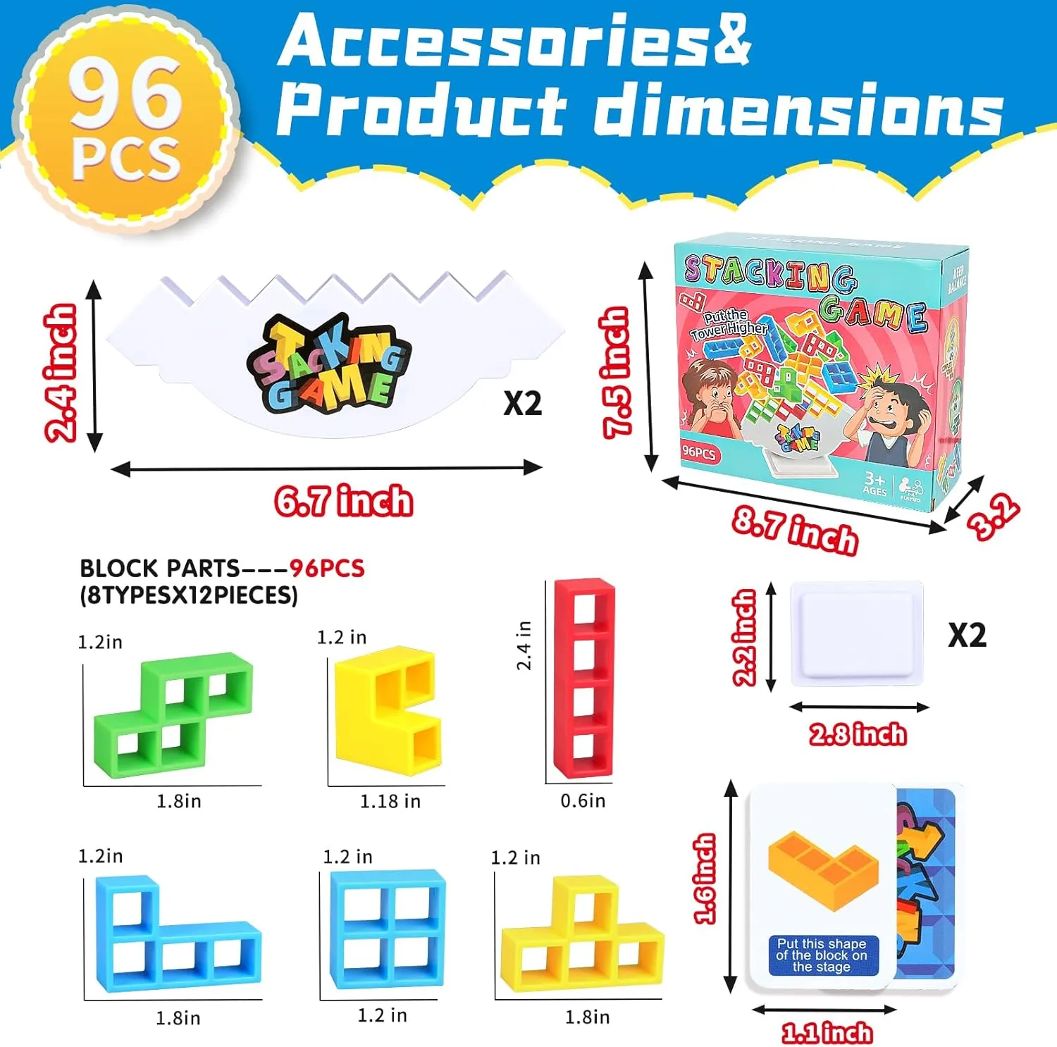 Building Block 96PCS Stack Game for Adult & Kids, Tetra Board receiver distill Tower Games for Family Travel Party, 4 Players Balance Stacking Toy, Team Toys 