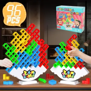 Building Block 96PCS Stack Game for Adult & Kids, Tetra Board receiver distill Tower Games for Family Travel Party, 4 Players Balance Stacking Toy, Team Toys 
