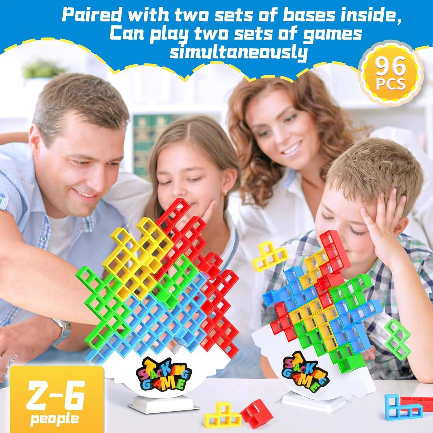 Building Block 96PCS Stack Game for Adult & Kids, Tetra Board receiver distill Tower Games for Family Travel Party, 4 Players Balance Stacking Toy, Team Toys 
