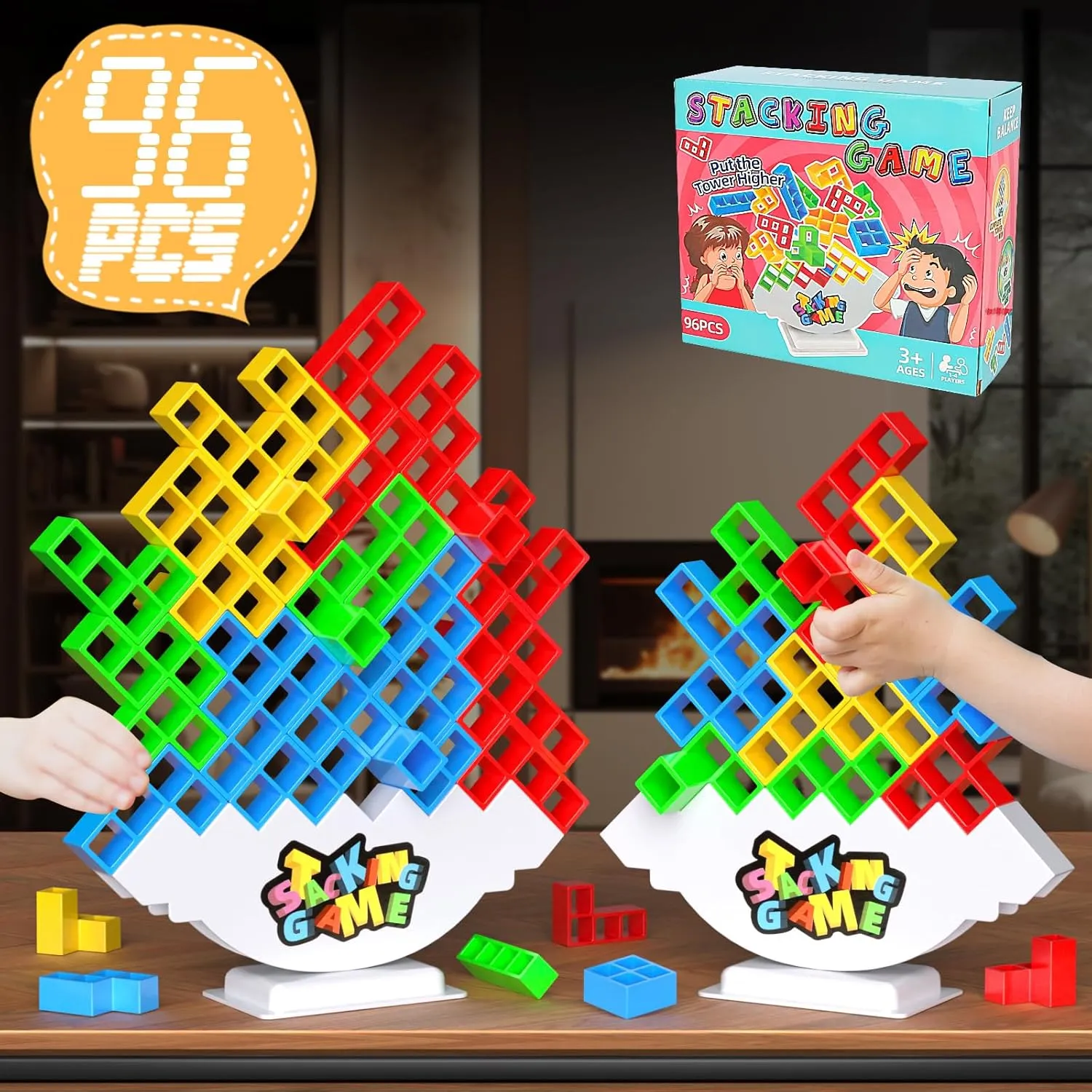 Building Block 96PCS Stack Game for Adult & Kids, Tetra Board receiver distill Tower Games for Family Travel Party, 4 Players Balance Stacking Toy, Team Toys 