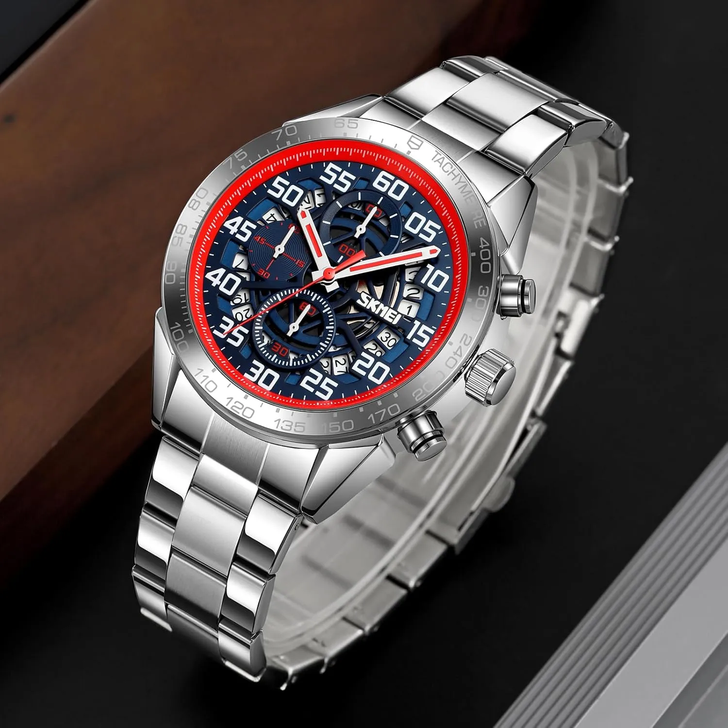 Business Sports Analog Quartz Stainless Steel Male Watch with Date Display Stopwatch SKMEI Men's corollary exact Multifunctional Watch 