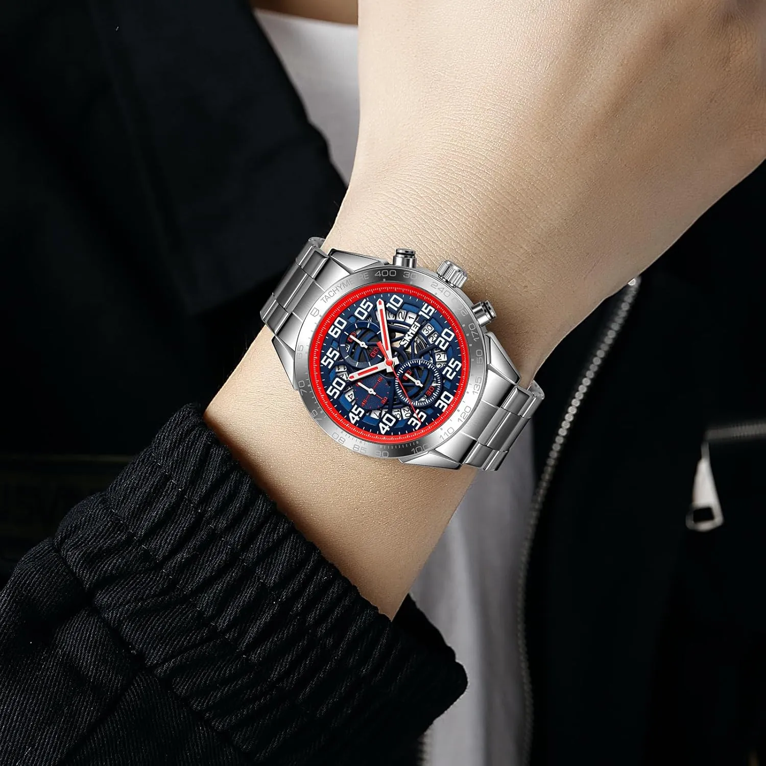 Business Sports Analog Quartz Stainless Steel Male Watch with Date Display Stopwatch SKMEI Men's corollary exact Multifunctional Watch 