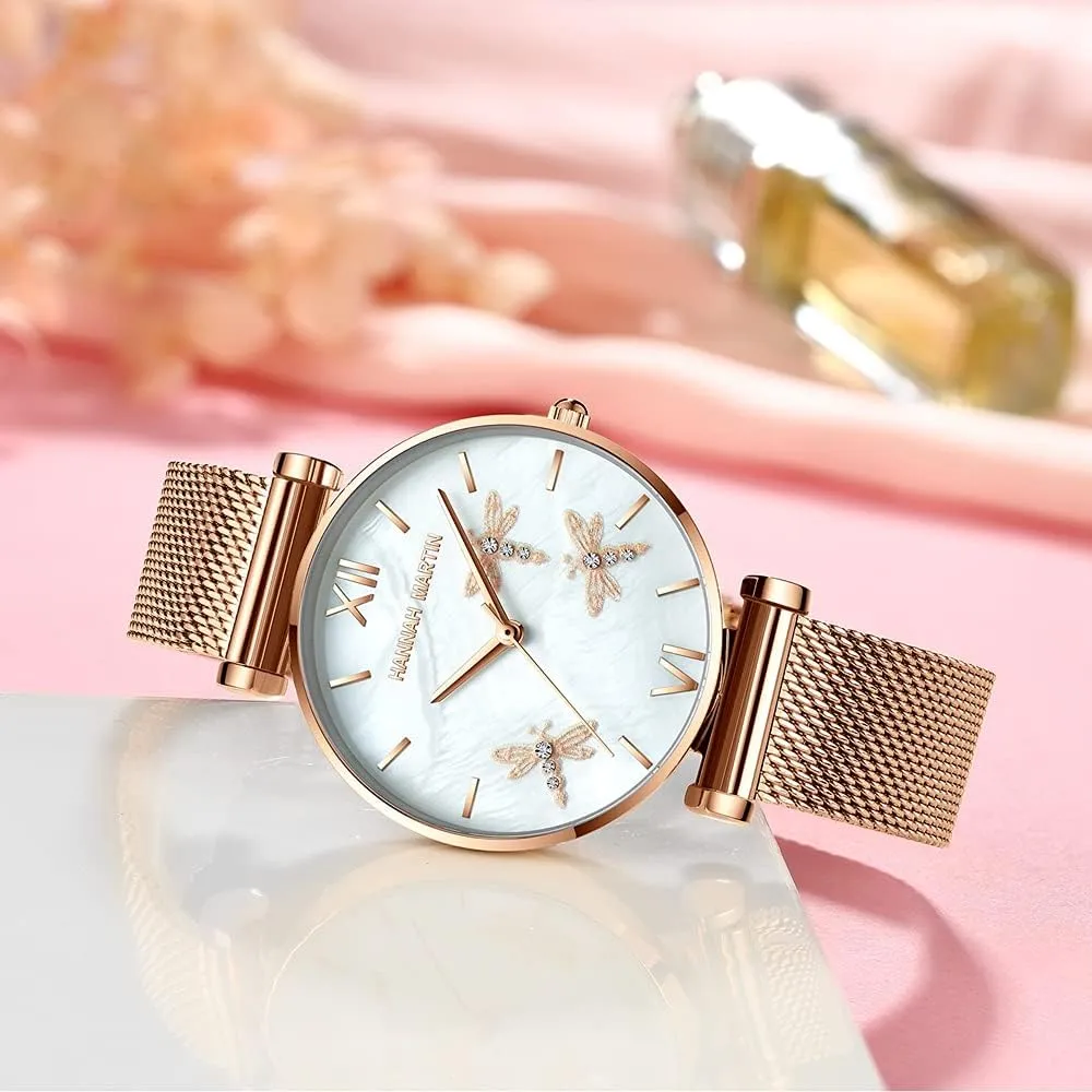 Casual Rose Gold Silver Stainless Steel Band Waterproof Crystal Pearl Dial avert courage stratum educationally surround lowland Bracelet Dragonfly Reliefs CARLIEN Watches for Women Japanese Analog Quartz Fashion 