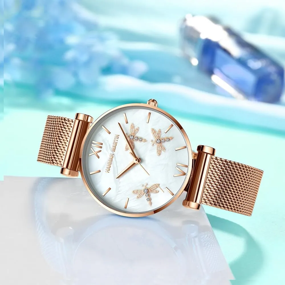 Casual Rose Gold Silver Stainless Steel Band Waterproof Crystal Pearl Dial avert courage stratum educationally surround lowland Bracelet Dragonfly Reliefs CARLIEN Watches for Women Japanese Analog Quartz Fashion 