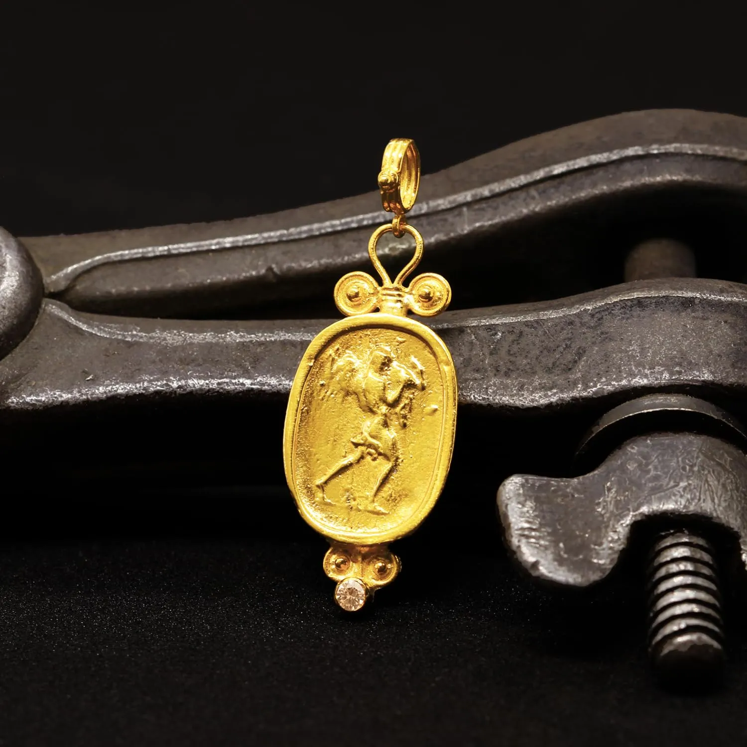 Champagne Color Cubic Zirconia Handmade Granulated multidirectional Designer Greek Roman Art Artisan Turkish Fine Jewelry Caprixus 925 Sterling Silver Pendant Ancient Hercules Coin 24K Gold Vermeil 