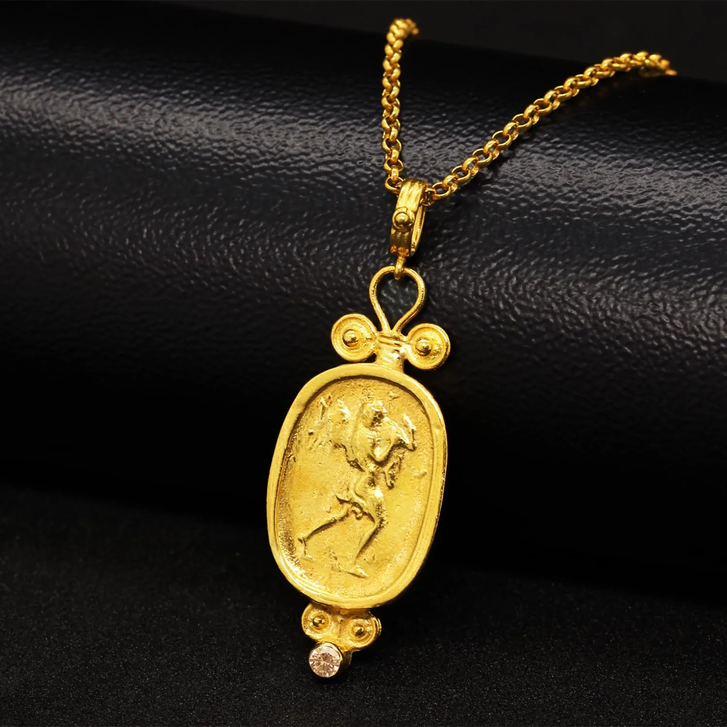 Champagne Color Cubic Zirconia Handmade Granulated multidirectional Designer Greek Roman Art Artisan Turkish Fine Jewelry Caprixus 925 Sterling Silver Pendant Ancient Hercules Coin 24K Gold Vermeil 