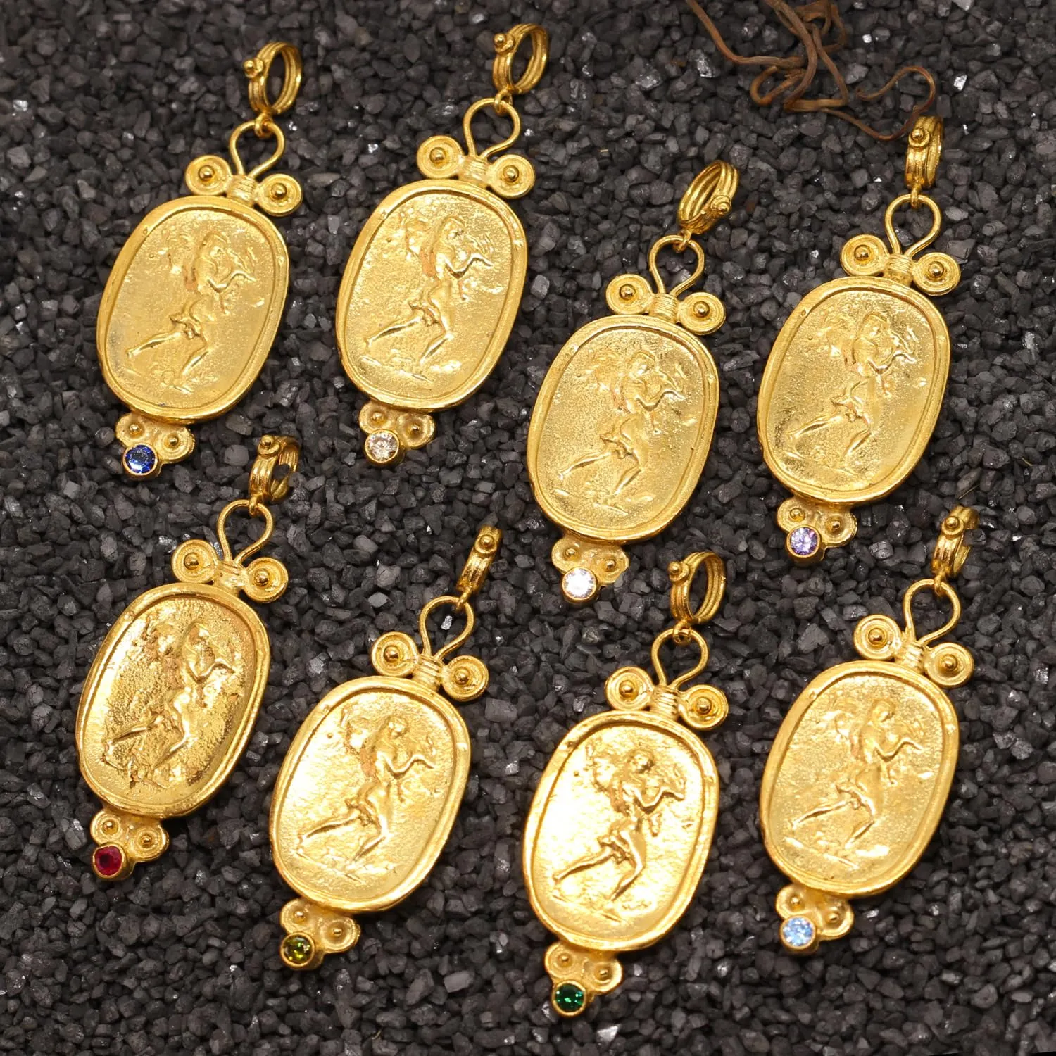 Champagne Color Cubic Zirconia Handmade Granulated multidirectional Designer Greek Roman Art Artisan Turkish Fine Jewelry Caprixus 925 Sterling Silver Pendant Ancient Hercules Coin 24K Gold Vermeil 