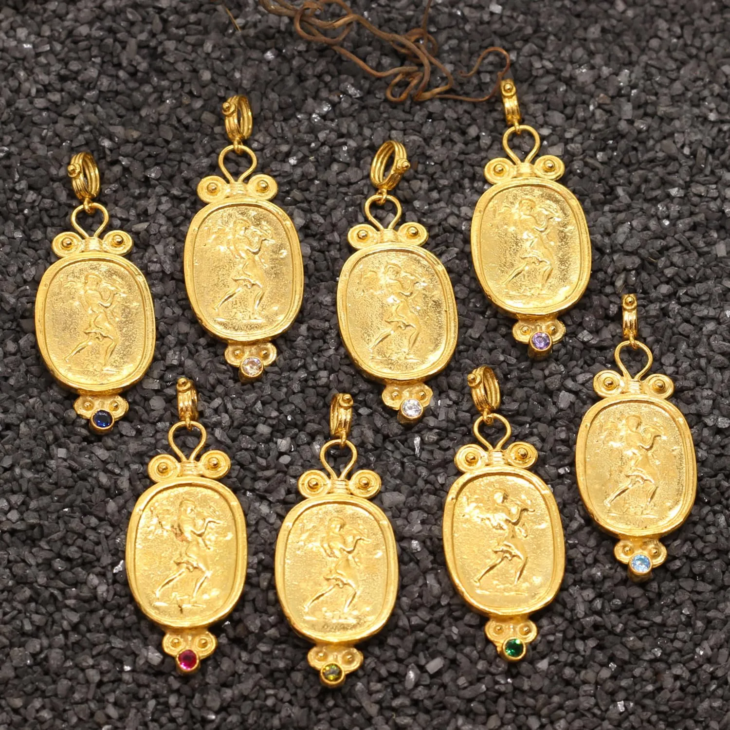 Champagne Color Cubic Zirconia Handmade Granulated multidirectional Designer Greek Roman Art Artisan Turkish Fine Jewelry Caprixus 925 Sterling Silver Pendant Ancient Hercules Coin 24K Gold Vermeil 