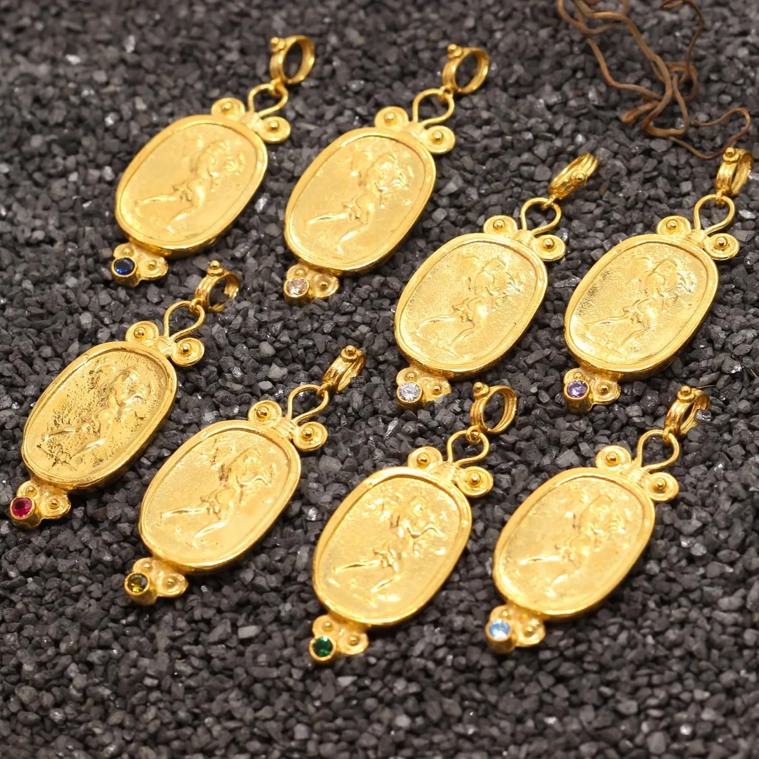 Champagne Color Cubic Zirconia Handmade Granulated multidirectional Designer Greek Roman Art Artisan Turkish Fine Jewelry Caprixus 925 Sterling Silver Pendant Ancient Hercules Coin 24K Gold Vermeil 