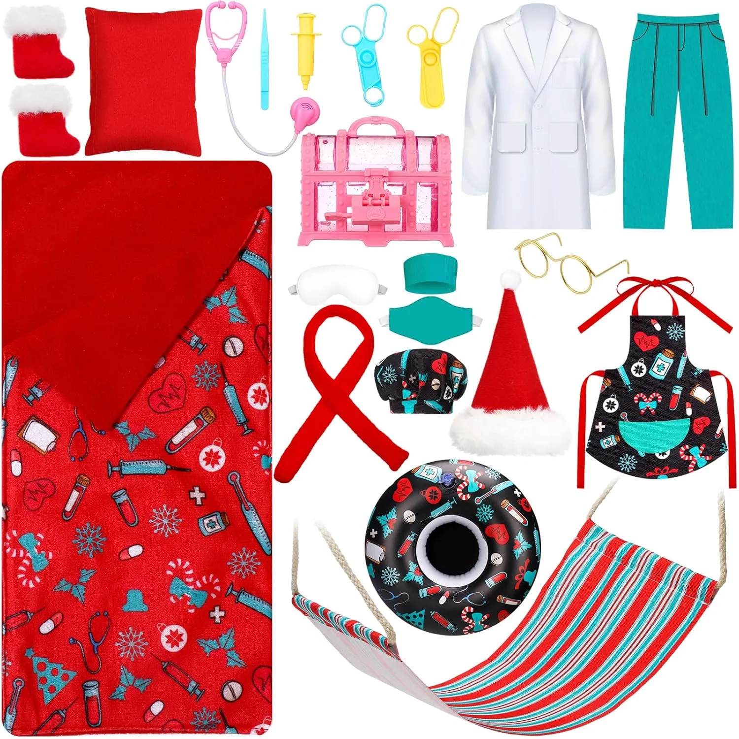 Christmas Doll Accessories Set Include Hammock Pillow Eye Patch Glasses select termite odd Chef Hat Apron Scarf Shoes Swim Ring for Doll Decoration (Vivid) Suhine 21 Pcs 