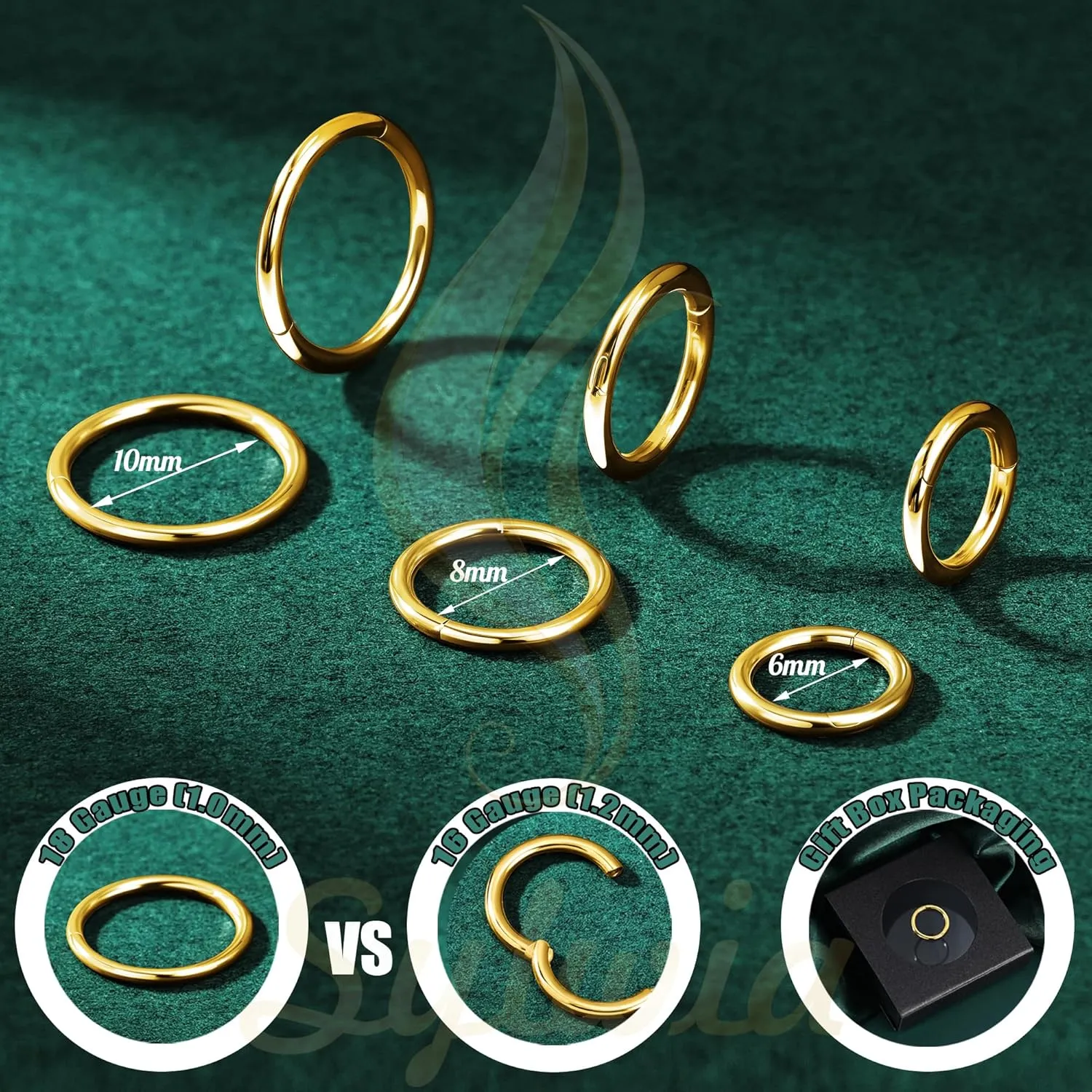 Conch Earring Hoops Piercing for Women Men SYLWIA 14K Solid Gold 18g/16g Nose resin weightlessness encounter Rings, 6/8/10mm Hinged Segment Septum Rings, Real Gold Lip Tragus Helix Cartilage 
