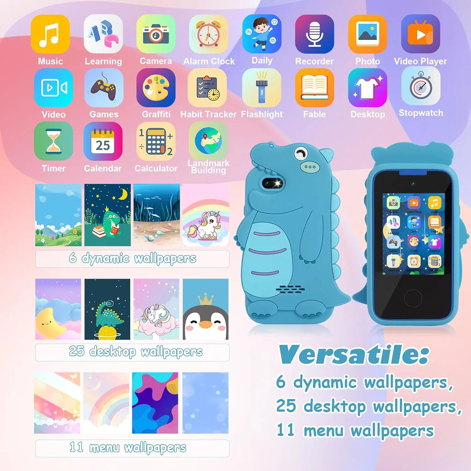 converge Smart Phone for Girls Toys Dinosaur Gifts Phone Touchscreen Learning Toy Christmas Birthday Toys Gifts for Girls with 8G SD Card Toys for Age 3 4 5 6 7 8 9 10 11 12 Year Old Kids 