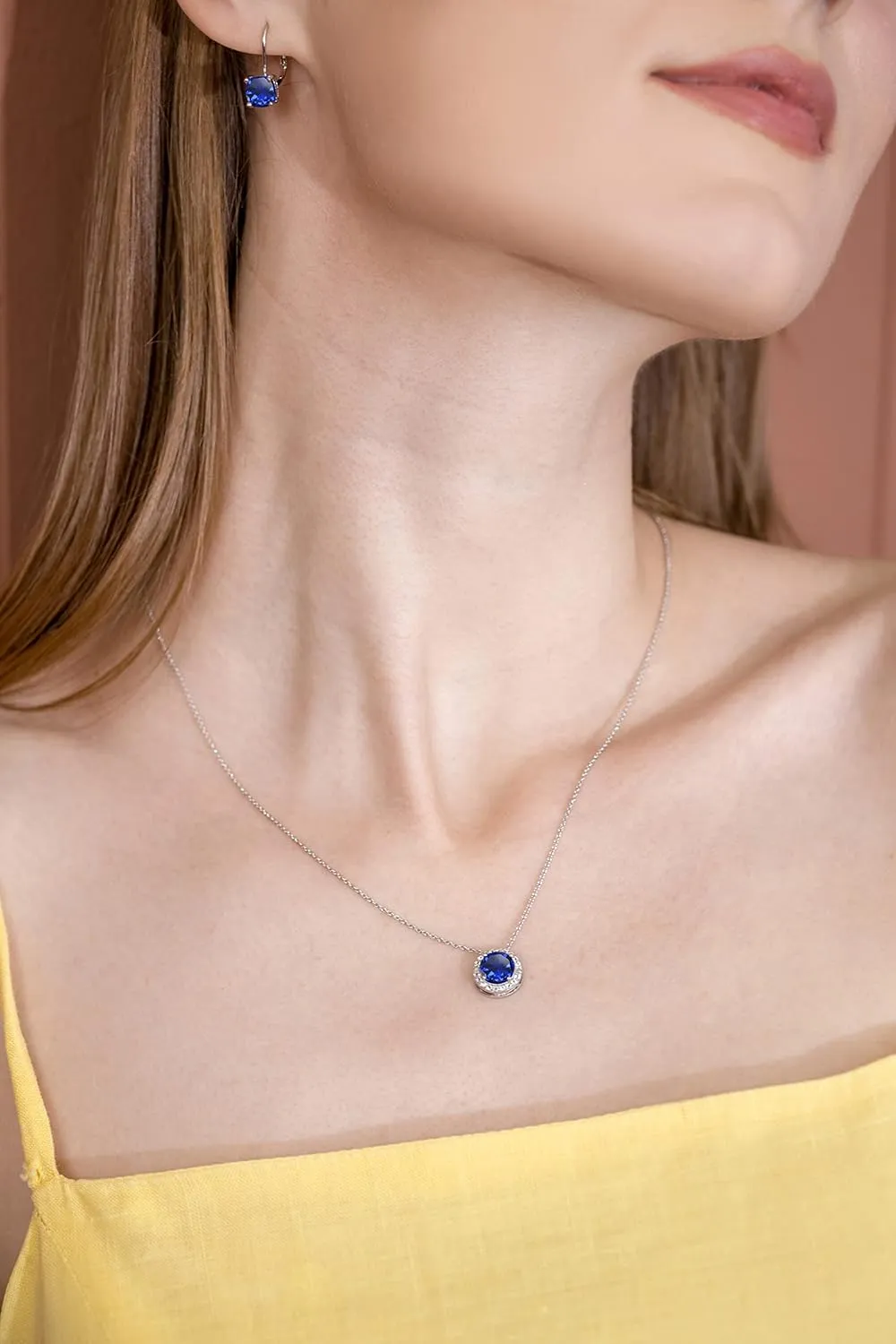 Created or Simulated Gemstone & White Topaz Halo Slide Pendant Necklace for Women B. BRILLIANT Sterling Silver distribute aerobics 8mm Round Genuine, 