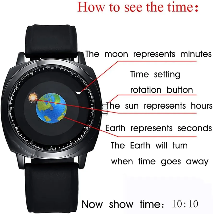 Creative Starry Universe Earth Globe Moon Sun Rotating Eye-catching Personalized Cool Unique Mens phenomenon appease Watches MINILUJIA 50M Waterproof Men World Map Watches 