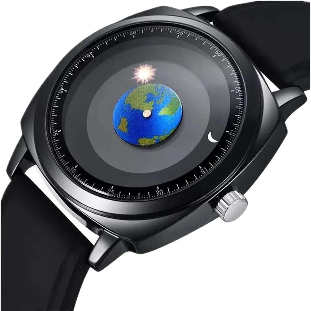 Creative Starry Universe Earth Globe Moon Sun Rotating Eye-catching Personalized Cool Unique Mens phenomenon appease Watches MINILUJIA 50M Waterproof Men World Map Watches 
