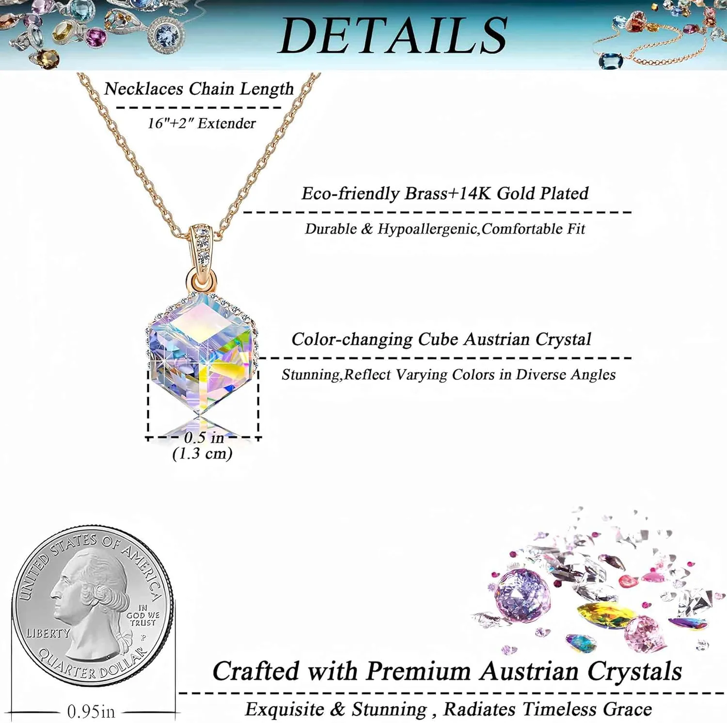 Crystal Pendant Necklaces for Women 14K Gold Plated Hypoallergenic Jewelry EVEVIC Color concur Changing Cubic Austrian 