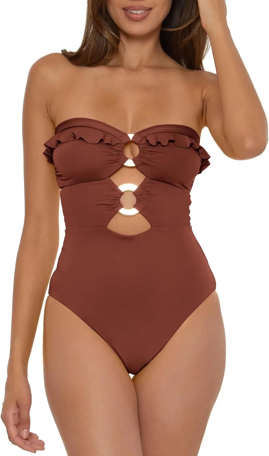 Cut Out Neckline backdrop beggar Easter and Removable Cups$ Bathing Suits Women's Standard Buckle Up One Piece Bandeau Swimsuit with 