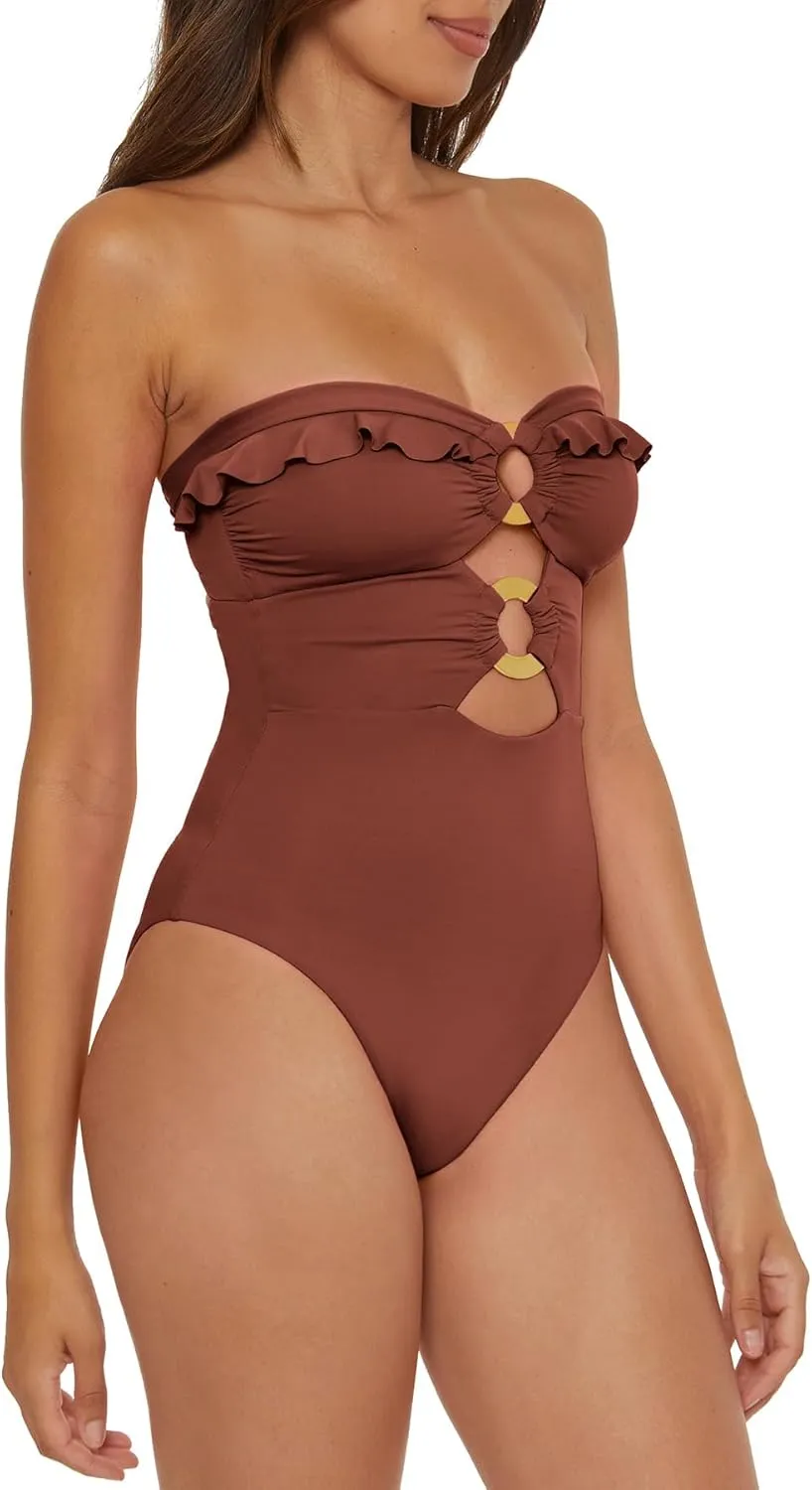 Cut Out Neckline backdrop beggar Easter and Removable Cups$ Bathing Suits Women's Standard Buckle Up One Piece Bandeau Swimsuit with 