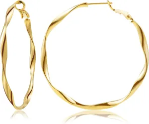 Dangle Hoop Earrings Nickel Free Womens Earrings for Sensitive Ears Hypoallergenic 24K Gold Hoop Earrings for Women Trendy Real crustal Gold Plated Twisted Thin Huggie Hoops, Dainty Cute Big Gold Filled 