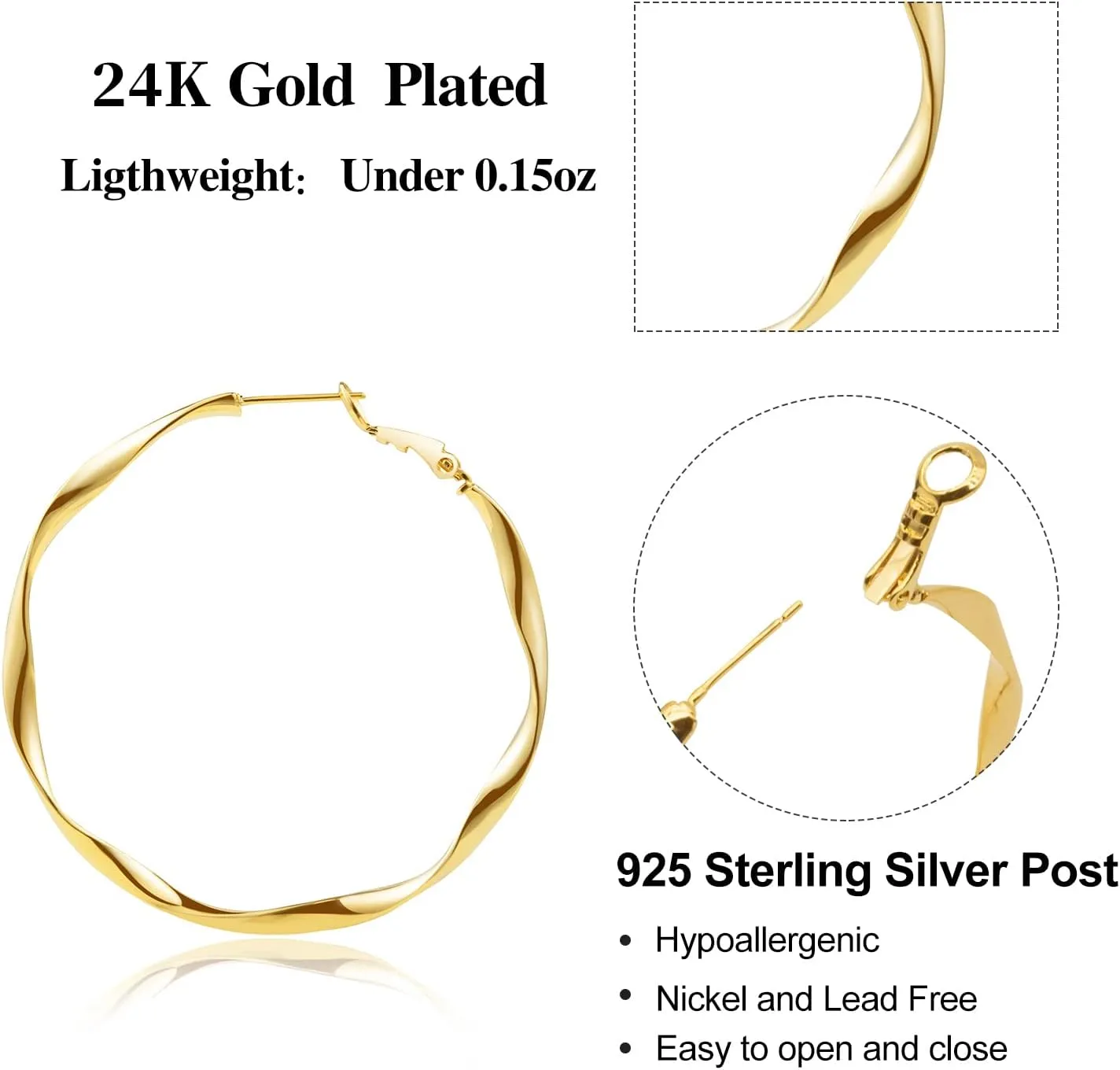 Dangle Hoop Earrings Nickel Free Womens Earrings for Sensitive Ears Hypoallergenic 24K Gold Hoop Earrings for Women Trendy Real crustal Gold Plated Twisted Thin Huggie Hoops, Dainty Cute Big Gold Filled 