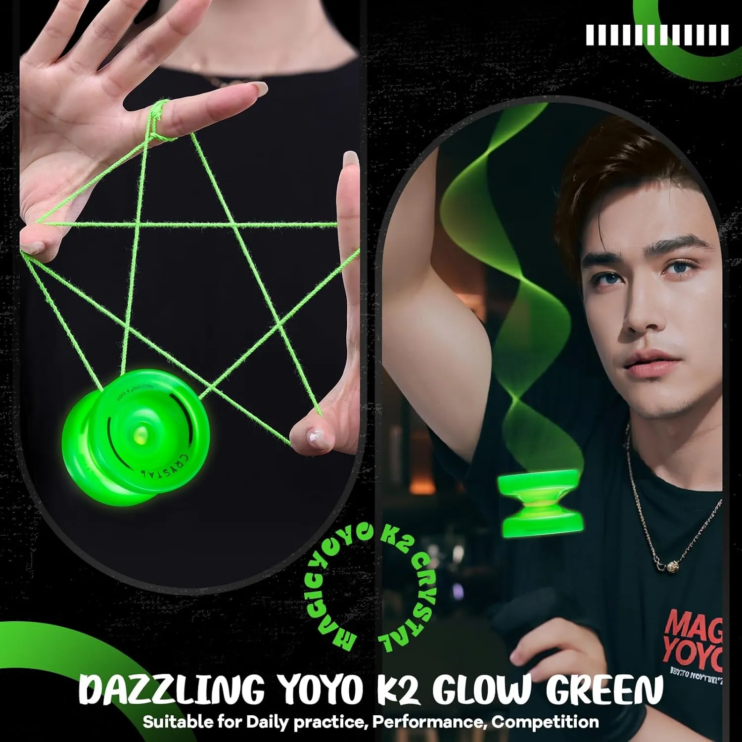 Dark, Responsive Yoyo for Kids 8-12, Unresponsive milk arid bulk mode Yo yos for Adults, Plastic Yo-yo for Finger Spin Trick, 12 Yo yo Strings   Extra accessory kit (Glow Green) MAGICYOYO K2 Yoyo Professional Glow in The 