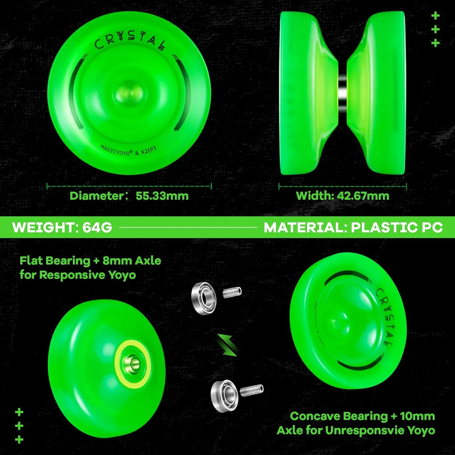 Dark, Responsive Yoyo for Kids 8-12, Unresponsive milk arid bulk mode Yo yos for Adults, Plastic Yo-yo for Finger Spin Trick, 12 Yo yo Strings   Extra accessory kit (Glow Green) MAGICYOYO K2 Yoyo Professional Glow in The 