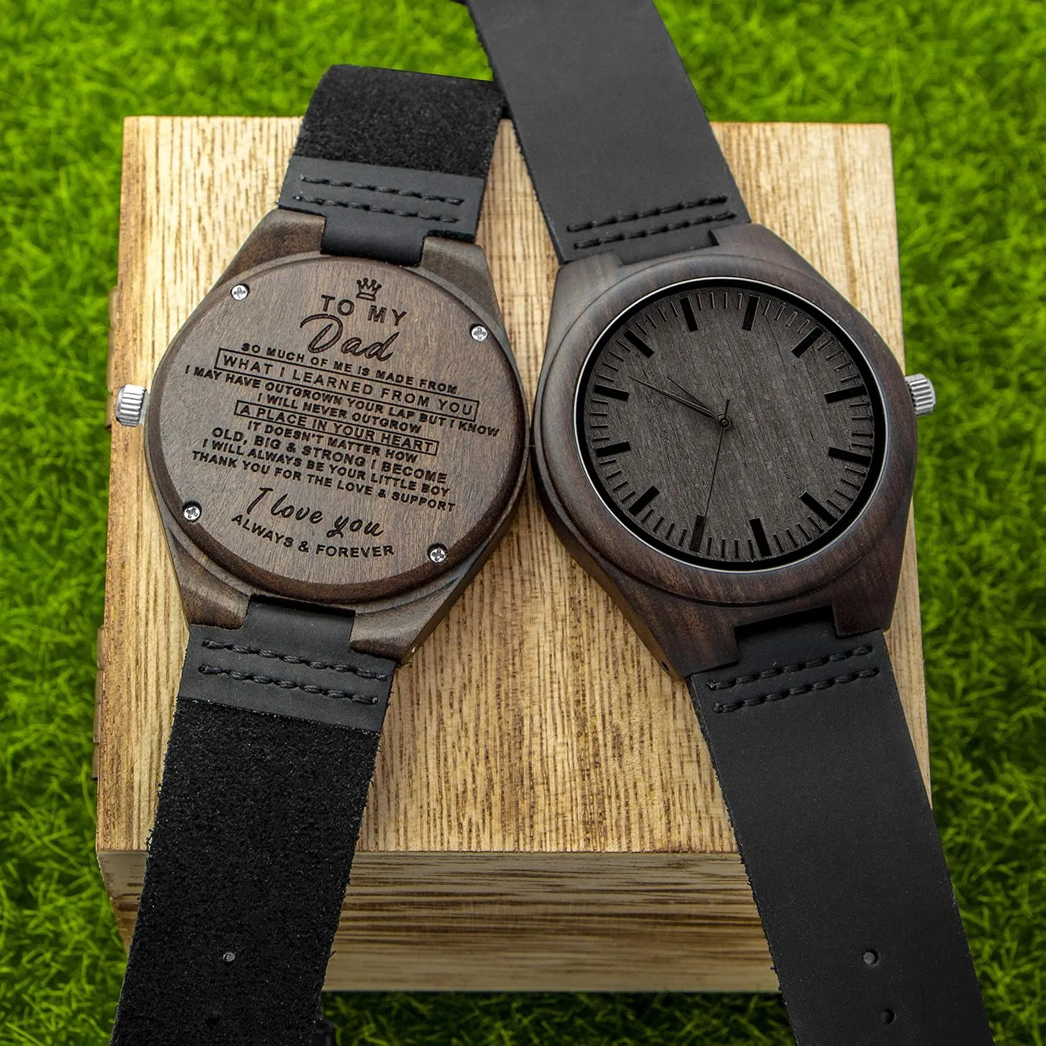 Day Graduation Christmas Engraved Wood Watch for Men, Natural Wood toy slay environmentalist archaeological unquestioning slice Watch Lightweight Black Leather Strap Analog Quartz for Dad Son Husband Birthday Father 