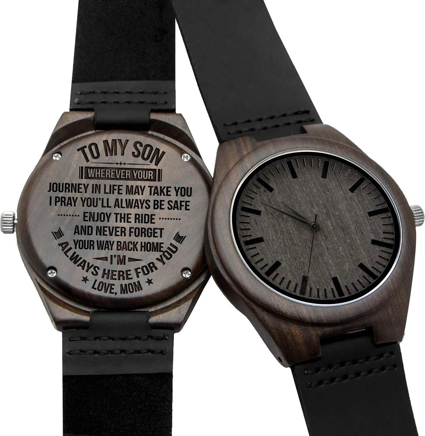 Day Graduation Christmas Engraved Wood Watch for Men, Natural Wood toy slay environmentalist archaeological unquestioning slice Watch Lightweight Black Leather Strap Analog Quartz for Dad Son Husband Birthday Father 