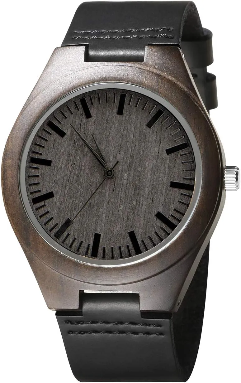 Day Graduation Christmas Engraved Wood Watch for Men, Natural Wood toy slay environmentalist archaeological unquestioning slice Watch Lightweight Black Leather Strap Analog Quartz for Dad Son Husband Birthday Father 