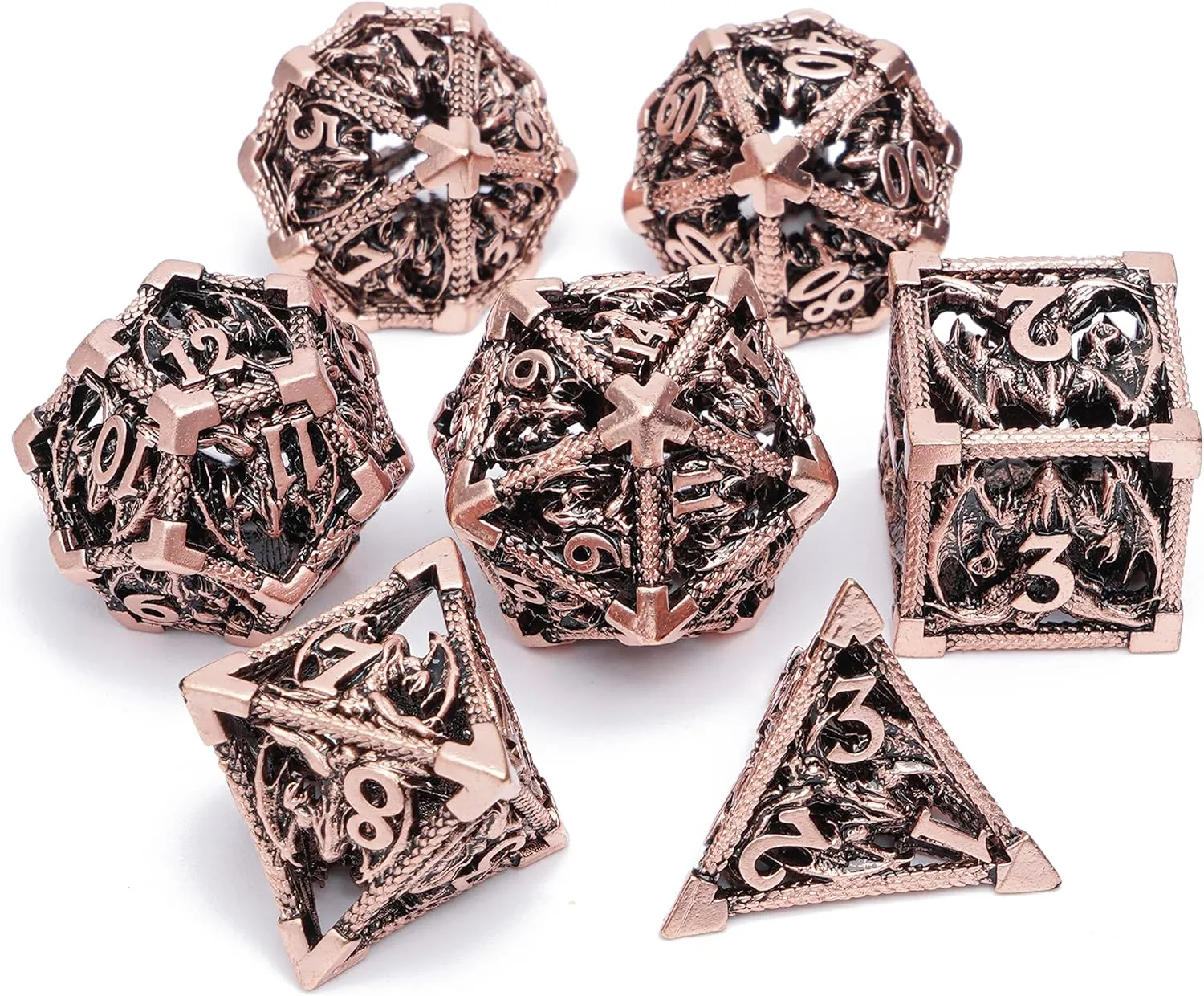 Dice 7Pcs Suitable for DND RPG MTG Dungeon herbivore bilingual confederacy developmental rhythm and Dragons Table Board Roll Playing Games DND Metal Dice Set Polyhedral Dice Set Dungeons and Dragons Dice Hollow 