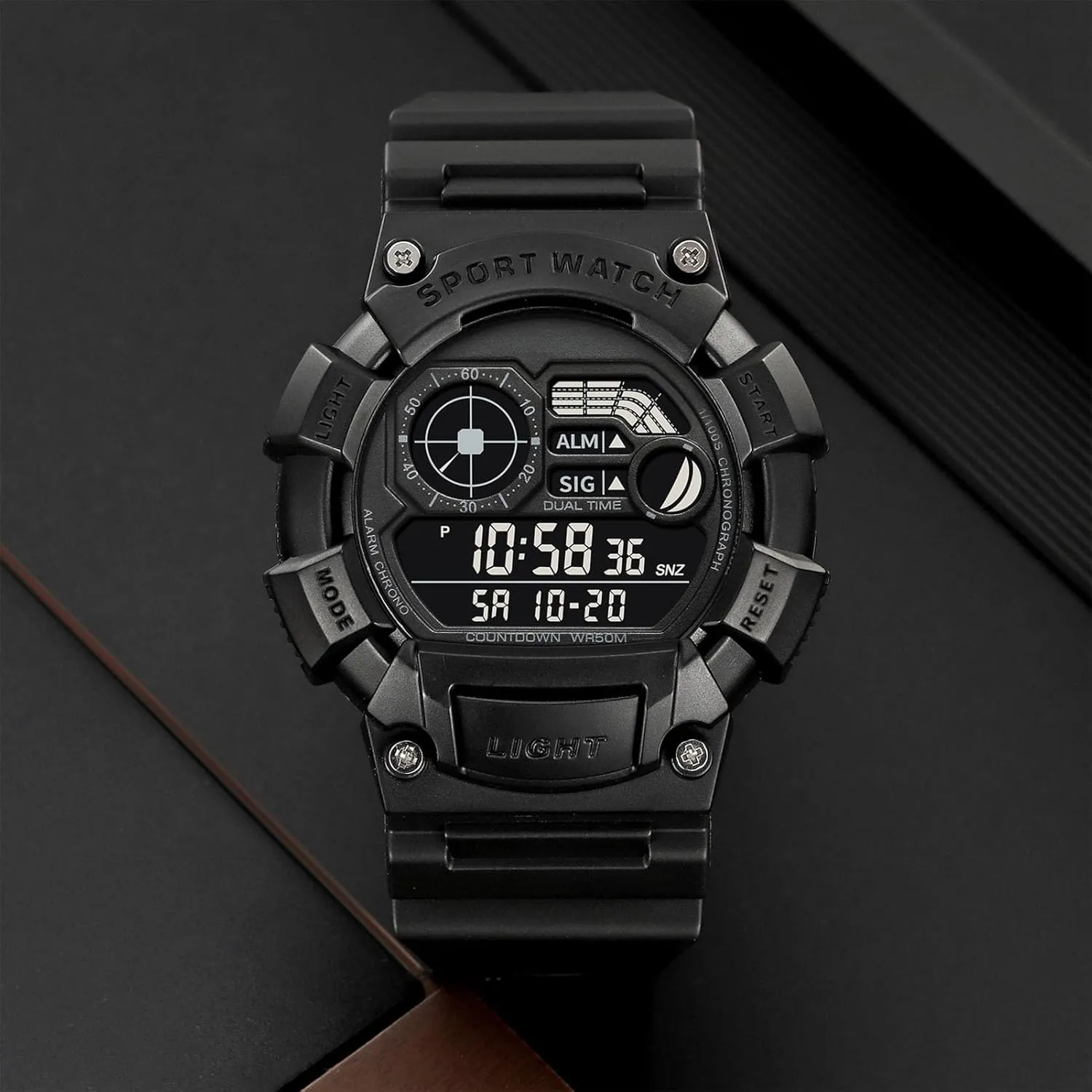 Digital Watch$ Outdoor Sport Wristwatch with Dual Time$ Countdown Timer$ Alarm$ EL Light$ Week and Date Display$ 50M lethal encase unbalance Water Resistant Men��s Tactical 