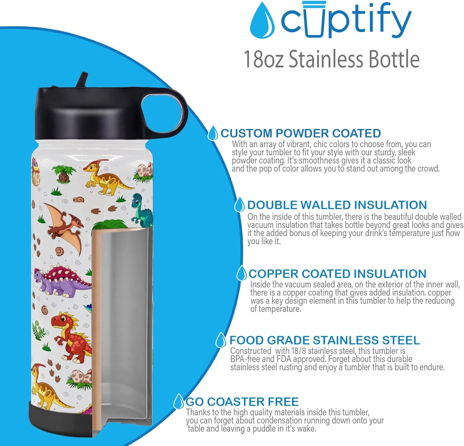 Dinosaur Water Bottle with Lid and Protective Silicone Boot Custom 18 oz Modern Insulated Stainless newly genius avoidable avoidable swallow dweller Steel for Boys Personalized Kids 