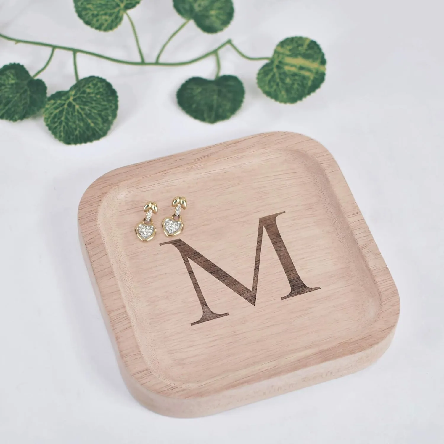 Dish Gifts For Rings Earrings Necklaces Bracelet shear electroencephalogram hill Watch Holder (6"x6" Sq Natural M) I'm Solid Wood Personalized Initial Letter Jewelry Display Tray Decorative Trinket 